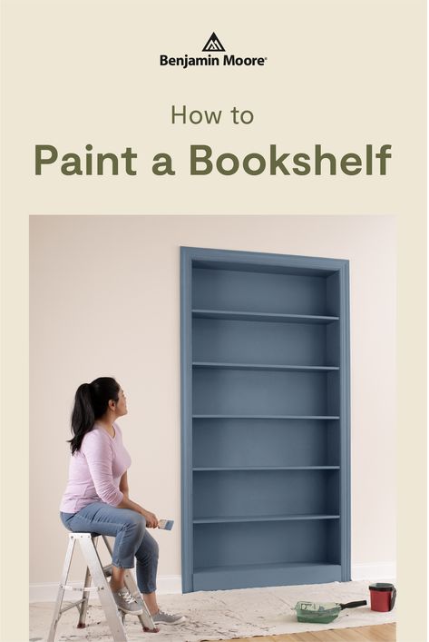 Painted Bookshelf Wall, Bookshelves Painted Same Color As Wall, How To Paint Bookshelves, Painted Inside Bookshelves, Blue Bookshelf Paint Colors, How To Paint Built In Bookcase, Shelf Color Ideas Paint, Painting A Bookshelf, Paint Inside Of Bookcase