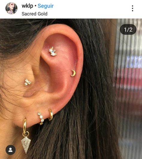 Curated Piercings, Piercing Combos, Triple Lobe Piercing, Triple Lobe, Ear Designs, Flat Piercing, Lobe Piercings, Country Jewelry, Piercing Inspo