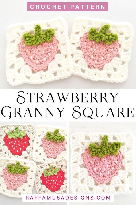 a collage of photos showing several strawberry granny squares crocheted in different acrylic and cotton yarns Strawberry Granny Square, Spiral Crochet, Granny Square Crochet Patterns Free, Crochet Strawberry, Confection Au Crochet, Crochet Design Pattern, Beginner Crochet Projects, Crochet Simple, Haken Baby