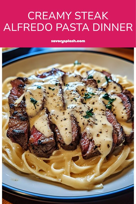 Looking for a dinner that's both delicious and filling? Try this Creamy Steak Alfredo Pasta! Featuring tender steak, rich Gorgonzola cheese, and a gooey alfredo sauce, this dish is perfect for special occasions or a cozy night in. Quick and simple to prepare, your entire family will love this mouthwatering recipe. Each bite combines savory flavors and creamy textures that dance on your palate. Perfectly paired with a salad or some crusty bread, it makes for a complete meal that will please any crowd. Upgrade your dinner nights now! Steak Alfredo Pasta Olive Gardens, Steak With Alfredo Sauce, Steak With Cheese Sauce, Creamy Beef Recipes, Steak Dinner Ideas Pasta, Alfredo Pasta Ideas, Alfredo Dishes Dinners, Chicken And Steak Alfredo Pasta, Pasta And Cheese Recipes Simple