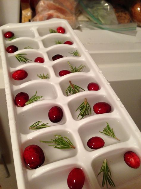 Cranberry and rosemary in ice cubes for some festive decor- yes please! Christmas Decor Food Ideas, Friendmas Party Ideas Food Table, Christmas Hosting Food, New Year Table Food, Christmas Cocktail Party Decorations, Rosemary Ice Cubes, Friendsmas Party Ideas Food, Xmas Dinner Table Decoration, Christmas Eve Buffet Ideas