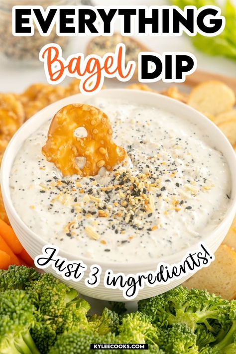 Everything Bagel Dip. Only 3 ingredients needed for this easy dip that's a flavor bomb! Cream cheese, sour cream and everything bagel seasoning blend perfectly for a creamy dip to enjoy with chips, pretzels, veggies and more. Make this for your next party! Bagel Cheese Dip, Cold Dip Recipes For Crackers, Easy Dips Sour Cream, Bagel Dip Recipe Old English, Bagel Dips, Easy Pretzel Dip Recipes, Bagel Chip Dip, Everything Bagel Seasoning Recipes Dip, Everything But The Bagel Dip