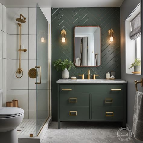 Nest Design I Nicole Smith | Bathrooms can get a bit “chilly” with all of the hard surfaces - countertops, tile & glass can be a little sterile if left all on their… | Instagram Paneled Bathroom, Condo Bathroom, Green Vanity, Nest Design, Living Room Update, Bathroom Tile Designs, Downstairs Bathroom, Bathroom Inspiration Decor, Main Bathroom