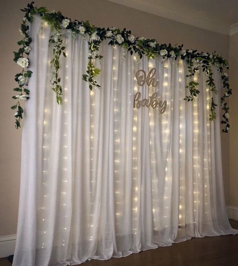 Backdrop With Flowers And Lights, Floral And Lights Backdrop, Light Backdrop Diy, Wedding Backdrop Fairy Lights, Fairy Light Curtain Backdrops, Greenery Backdrop With Lights, Natural Backdrop Ideas, Twinkle Lights Backdrop, Curtain Flower Backdrop