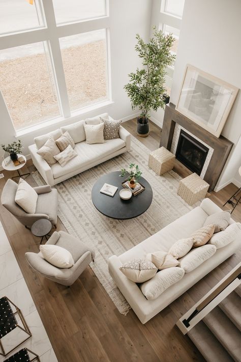 Couch For Open Living Room, Apartment With Balcony Living Rooms, Large Living Room Set Up, Living Roomliving Room Design, Couches Facing Each Other Layout, Sofa Arrangement Living Room, Two Couch Living Room, Living Room Setup Furniture Arrangement, Sofa And Two Chairs Layout