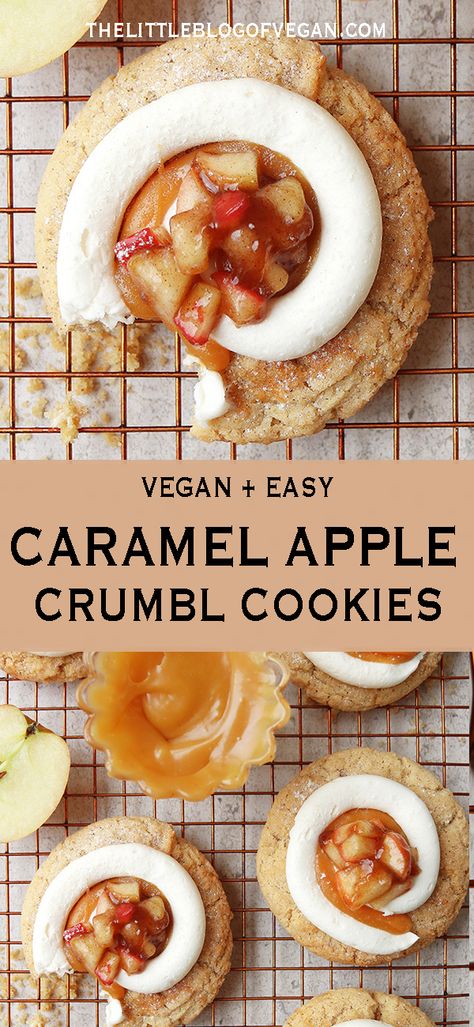 Vegan Caramel Apple Cookies - The Little Blog Of Vegan Vegan Caramel Cookies, Vegan Fall Dessert, Cookies With Frosting, Vegan Caramel Apple, Apple Cookies Recipes, Caramel Apple Crumble, Vegan Crumble, Vegan Thanksgiving Dessert, Caramel Apple Cookies