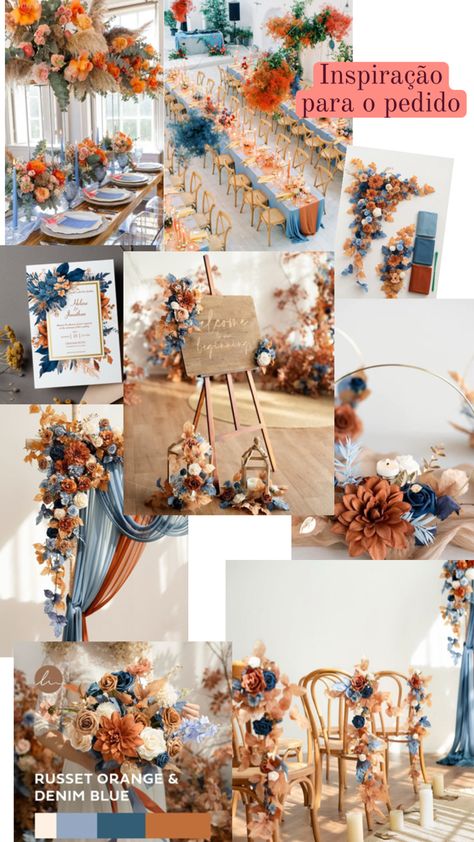 Navy And Orange Party Decor, Navy Blue And Paprika Wedding, Dusty Blue And Orange Wedding Centerpieces, Rusty Orange And Blue Wedding, Marigold And Blue Wedding, Burnt Orange Light Blue Wedding, Wedding Blue And Orange Theme, Navy And Orange Wedding Centerpieces, Rust Dusty Blue Wedding