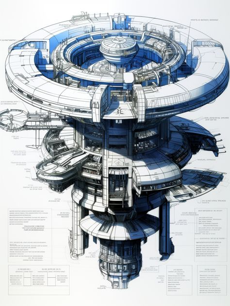 A detailed mechanical plan for a futuristic space station, including the engineering drawing. AI-generated Massive Spaceship Concept Art, Spaceship Blueprint Sci Fi, Isometric Space Station, Futuristic Machine Design, Anime Space Station, Cyberpunk Space Station, Fantasy Space Station, Small Space Station Concept Art, Sci Fi Station