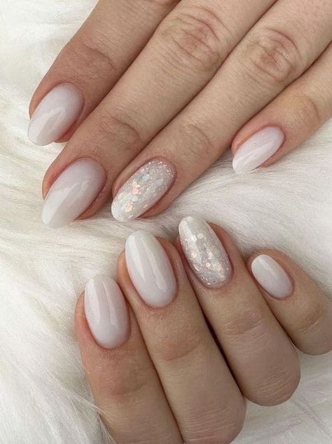 Milky White Nails, Bridesmaids Nails, Milky Nails, White Glitter Nails, Plaid Nails, White Nail Designs, Bride Nails, Oval Nails, Neutral Nails