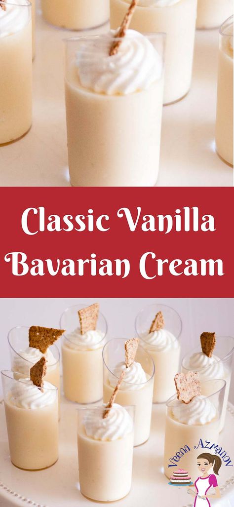 A classic French dessert that is delicious as exotic as it looks. A vanilla Bavarian Cream also called creme' Bavaria or just Bavarios is a custard based dessert made with vanilla pastry cream as a base. Infused with vanilla or liquor then lighted with fresh whipped cream. #Bavarian #cream #Bavaria #dessert #recipe #vanilla #filling Trendy Desserts, Bavarian Cream Filling, Dominican Cake, Easy Impressive Dessert, Cream Filling Recipe, Vanilla Pastry Cream, Impressive Dessert, Classic French Desserts, Fresh Whipped Cream