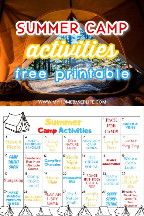 summer camp activities at home and a free printable Outdoor Camp Activities, Kids Camp Activities Summer, Camp Day Activities, Daycamp Activities For Kids, Summer Camp Program Ideas, Family Camp Activities, Christian Summer Camp Themes, Camping For Kids Activities, Camp Themes Summer