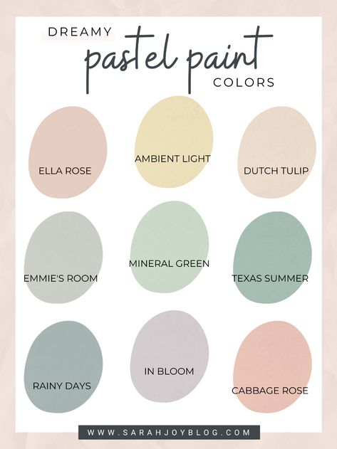 Nice Wall Colors, Pastel Colours Wall Paint, Aesthetic Home Paint, Pastel Colours Bedroom Ideas, Nursery Paint Palette, Pastel Color Home Decor, Bedroom With Pastel Colors, Pastel Colors Wall Paint, Paint For Bedrooms Ideas