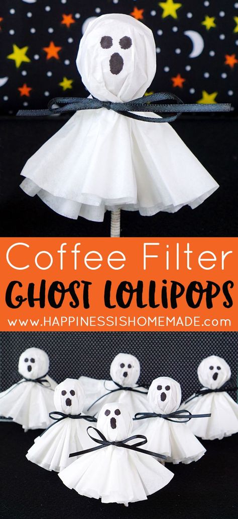 These coffee filter ghost lollipops are a cute and easy twist on classic kleenex… Halloween Classroom Treats, Ghost Lollipops, 21 Party, Diy Halloween Party, Fun Halloween Treats, School Halloween Party, Halloween Treats For Kids, Halloween Fest, Halloween Memes