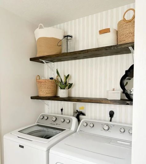 Cheap DIY Laundry Room Shelves For a Cute and Functional Space (Step-By-Step Guide) - Home By Alley Cheap Laundry Room Makeover, Laundry Room Organization Shelves, Diy Laundry Room Shelves, Diy Home Improvement Kitchen, Small Laundry Room Ideas, Narrow Laundry Room, Laundry Room Organization Storage, Small Laundry Room Makeover, Small Laundry Room Organization