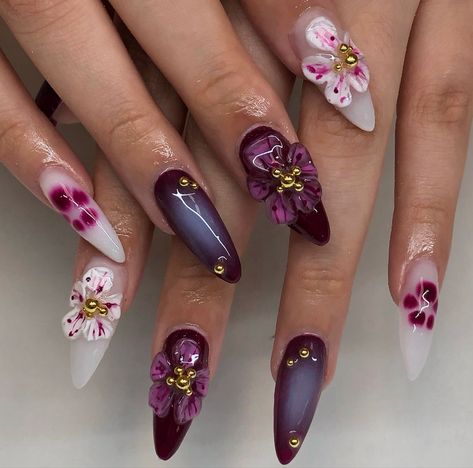 Gel Flower Nail Designs, Crazy Nails Designs, Mauve Nails Design, Purple Nails Designs, Purple Nail Design, Nail Art Purple, Crazy Nail Designs, Mauve Nails, Makeup Nails Designs