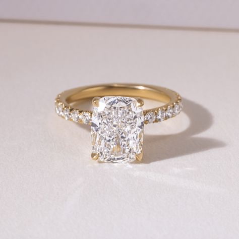 Rectangle Yellow Gold Engagement Ring, Cushion Cut Wedding Rings With Band, Gold Square Diamond Ring, Gold Ring Square Diamond, Elongated Cushion Engagement Ring With Pave Band, Elongated Cushion Engagement Ring Diamond Band, Yellow Gold Engagement Ring Thick Band, Wedding Rings Gold Diamond, Gold Plated Engagement Ring