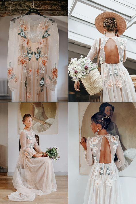 Wedding Dress Color Accent, Ready To Wear Wedding Dress, Embroider Wedding Dresses, Boho Wedding Dress Flowers, Not Traditional Wedding Dress, Colour Embroidered Wedding Dress, Non Traditional Wedding Dress Floral, Wedding Dresses With Colour, Wildflower Embroidered Wedding Dress