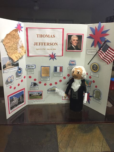 Thomas Jefferson Project...Display board with timeline and bottle doll! Biography Display Ideas, Poster Board Ideas School Project Famous Person, History School Projects, Biography Trifold Board Ideas, Social Studies Fair Projects Display, School History Project Ideas, Social Studies Project Ideas, School Project Poster Ideas, Posterboard Projects For School