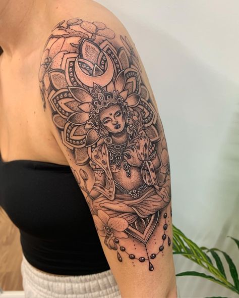 Buddha Tattoo Upper Arm, Buddha Arm Tattoo Women, Spiritual Upper Arm Tattoos For Women, Buddha Arm Tattoo, Thai Buddha Tattoo, Spiritual Sleeve Tattoos For Women, Buddhist Tattoo Sleeve, Cone Crew, Buddhism Tattoo