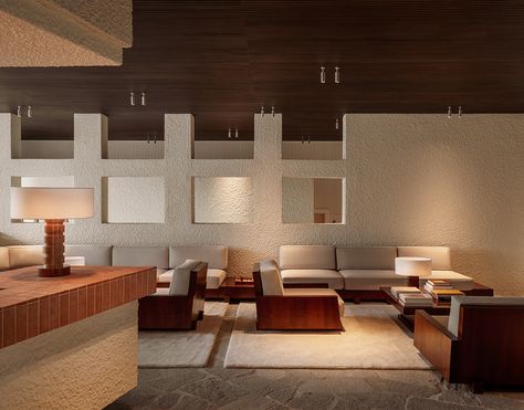 Heard of Quiet Luxury? This Newly Renovated French Riviera Hotel Epitomizes the Trend - Sight Unseen Wood Desk Chair, Dark Wood Desk, Seaside House, Hotel Lounge, Granite Flooring, Lounge Design, Beach Hotel, Hotel Interior, Wood Ceilings