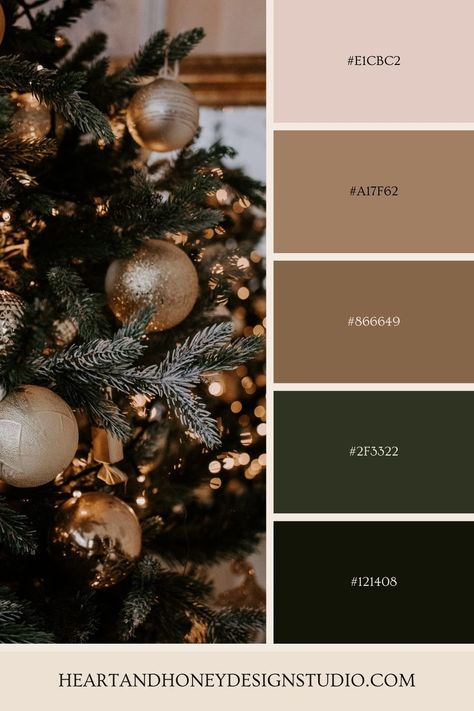 christmas inspired color palette - christmas tree decorated with gold ornaments and warm christmas lights Green And Bronze Christmas Decor, Color Theme For Christmas Tree, Olive Green Christmas Decor Ideas, Christmas Party Color Themes, Family Christmas Color Schemes, Trending Christmas Colors 2024, Gold And Silver Color Palette, Earthy Christmas Color Palette, Christmas Wedding Color Palette Colour Schemes