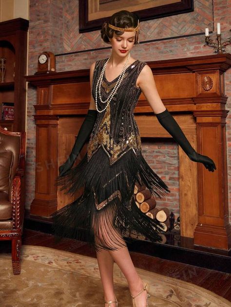 Women's 1920s Sparkly V-Neck Flapper Dress Gold Sequined Fringe Hem Dress | SHEIN USA 1920s And 30s Fashion, 20s Dance Outfit, The Gatsby Outfit, Women 1920s Fashion, Flapper Dance Costume, 1920s Women Fashion, 1920s Woman Fashion, 1920s Dresses Formal, 1920s Fashion Aesthetic