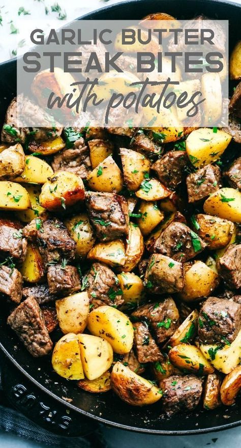 Garlic Butter Herb Steak Bites, Melt In Your Mouth Steak, Steak Bites With Potatoes, Steak With Potatoes, Butter Herb, Garlic Butter Steak Bites, Butter Steak Bites, Dinner Noodles, Steak And Potatoes