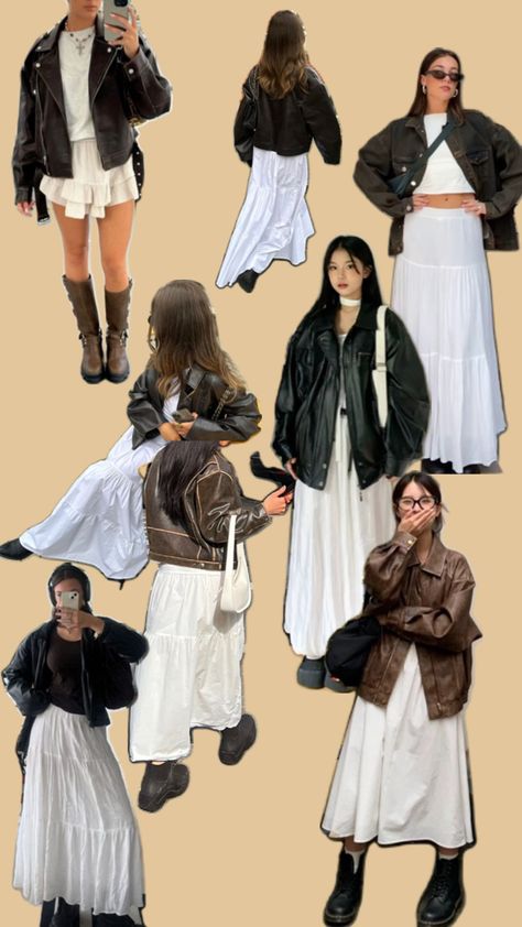 white maxi skirt fall outfit boots and leather jacket autumn girly tomboy brown or black boots and coat Maxi Skirt Fall Outfit, Long Skirt Fall Outfits, Fall Outfit Boots, Long Skirt Fall, White Maxi Skirt Outfit, Skirt Fall Outfit, Girly Tomboy, Brown Leather Jacket Outfit, Winter Skirt Fashion