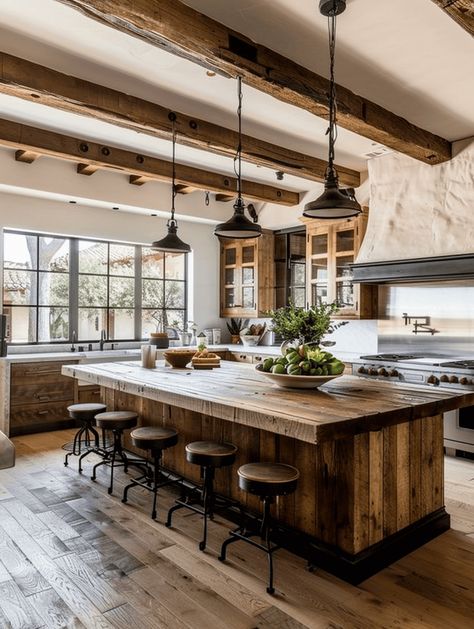 Cozy Farmhouse Kitchen Ideas: Rustic Kitchen Island with Iron Fixtures Modern Hacienda Kitchen, Rustic Modern Kitchen Ideas, Hacienda Kitchen, Modern Kitchen Ideas, Rustic Country Kitchens, Rustic Kitchen Island, Modern Rustic Decor, Rustic Modern Kitchen, Rustic Farmhouse Kitchen