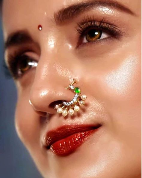 Nose Pin For Wedding, Nose Pin For Bride, Nose Pins For Bride, Marathi Nose Pin, Marathi Nose Ring Design, Noise Pin Design Gold, Mukkera Designs Gold, Nose Ring Designs Bridal, Bridal Nose Ring Indian