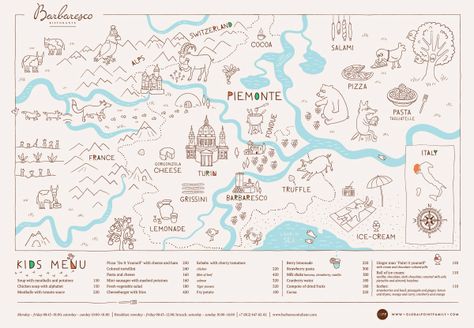 Kids placemat for Barbaresco restaurant by Irina Shirokova, via Behance Kids Placemats, Menu Design Inspiration, Placemat Design, Placemats Kids, Kids Menu, Restaurant Menu Design, Learning Italian, Illustrated Map, Travel Maps