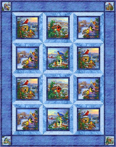 Quilt Patterns With Sashing, Quilt Patterns Using Panel Blocks, Bird Panel Quilt Ideas, Window Pane Quilts Pattern, Panel Block Quilt Ideas, Windowpane Quilt Pattern, Quilts Made With Panels Free Pattern, Window Pane Quilt Pattern Free, Bird Quilts Ideas