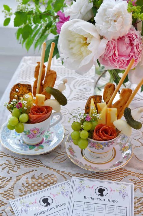 How To Host A Bridgerton Themed Viewing Party - Life is a Party Bridgerton Picnic Ideas, High Tea Bridal Shower Food Ideas, Storybook Tea Party, British Tea Party Aesthetic, Yea Party Theme, Garden Tea Party Games, Tea Luncheon Ideas, Tea Party Hors D’oeuvres, Bridgerton Dessert Table