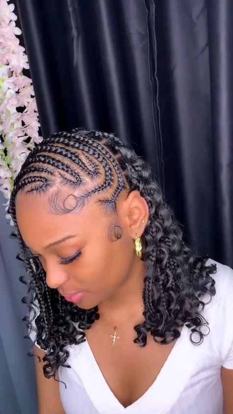 Cornrow Braids Ideas For Black Women, Short Side Braid Hairstyles, Creative Braided Hairstyles For Black Women, Cornrows Braids Side Part, Quick Cute Braids For Black Women, One Sided Braided Hairstyles, Half Up Half Down Braiding Hairstyles, Hairstyles For Bob Braids, Curly Weave Styles For Black Women