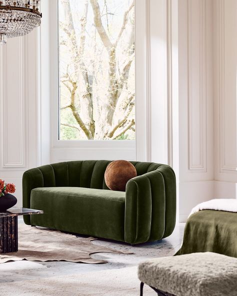 Green Velvet Loveseat, Velvet Green Couch, Rug Samples, Cb2 Living Room, Velvet Couch Living Room, Traditional Branding, Green Sofa Living Room, Green Lounge, Velvet Furniture