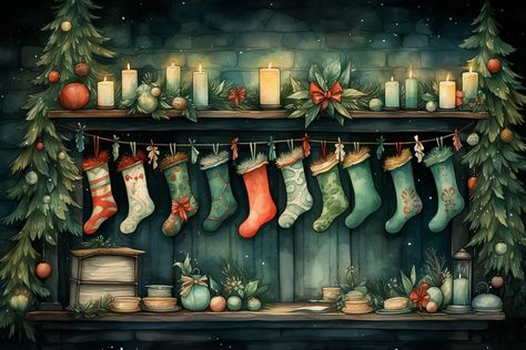 Christmas wallpaper with nostalgic theme, featuring Christmas stockings Christmas Aesthetic Horizontal, Horizontal Christmas Wallpaper, Christmas Theme Wallpaper, Christmas Backgrounds, Christmas Illustrations, Backgrounds Aesthetic, Old Christmas, Bourbon Barrel, Xmas Ideas