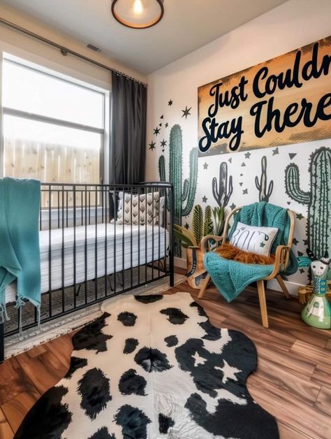 Sunroom Nursery Ideas, Bull Themed Nursery, Western Nursery Mural, Western Chic Nursery, Little Boys Nursery, Country Theme Bedroom, Modern Western Nursery, Girl Western Nursery, Western Girl Nursery