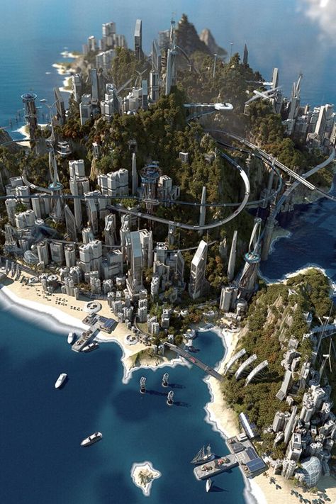 Te Ao - Capital de Angan Futuristic Island City, Futuristic Island, Scifi Architecture, Futuristic Architecture Future City, Flying City, Tropical City, City Environment, City Island, Sci Fi City