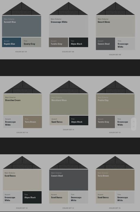 Exterior House Gray Color Schemes, Modern Facade Color Combination, Exterior House Colors With Grey Roof, Color Palette House Facade, House Facade Color Schemes, Modern House Exterior Color Pallete, Modern House Color Palette Exterior, Black Roof Exterior Color Schemes, Exterior Paint Colors For House With Black Roof