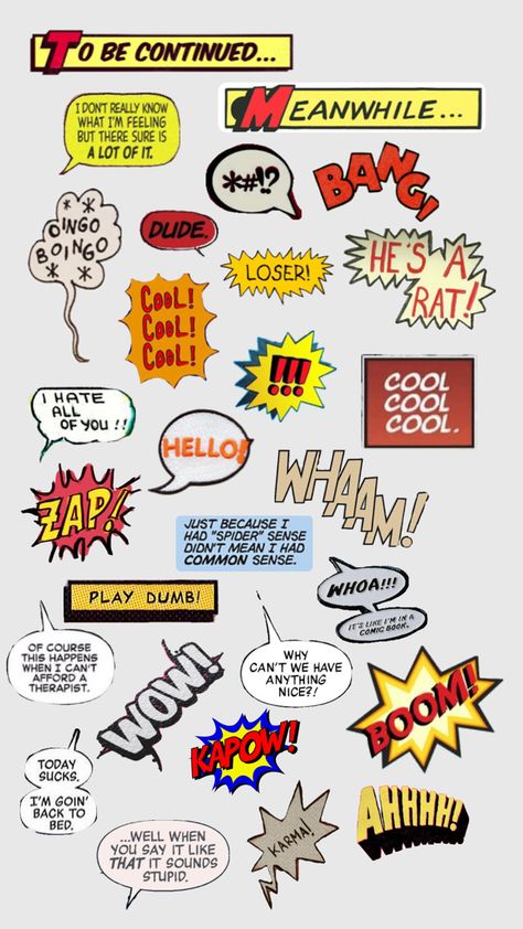 Collage of comic book text bubbles, sound effects, and Spider-Man references. 9-28-24 Comic Book Collage, Comic Sound Effects, Comic Book Bubble, Book Collage, Book Text, Comic Bubble, Comic Text, Text Bubble, Spiderman Comic