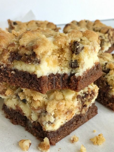 Cookie Dough Cheesecake Brownies, Brookie Cheesecake Bars, Brownie Cookie Cheesecake Bites, Cheesecake Brownie Cookies, Brownie Chocolate Chip Cheesecake, Chocolate Chip Cookie Bars With Cake Mix Brownie Recipes, Brownie Cookie Cheesecake Bars, Chocolate Chip Brownie Cheesecake Cups, Brownie Cheesecake Cookie