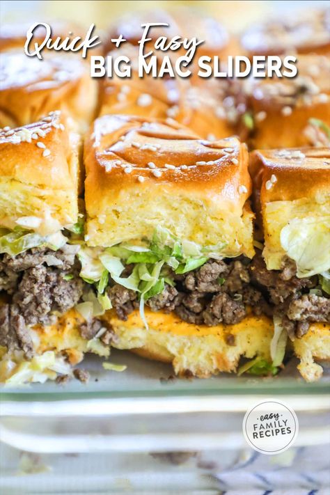 Easy sliders that taste exactly like a Big Mac! These Big Mac sliders are a total crowd pleaser, perfect for game days and parties. These Big Mac Sliders feature Hawaiian rolls with juicy ground beef inside, smothered with special sauce, melted cheese, pickles, and onions. This Big Mac Sliders recipe is one that’s requested again and again - they��’re that good! Big Crowd Meals, Sliders Recipes Hawaiian Rolls Easy, Big Mac Sliders, Easy Sliders, Ground Beef Sliders, Burger Sliders Recipes, Sliders Recipes Hawaiian Rolls, Sliders Recipes Beef, Hawaiian Sliders