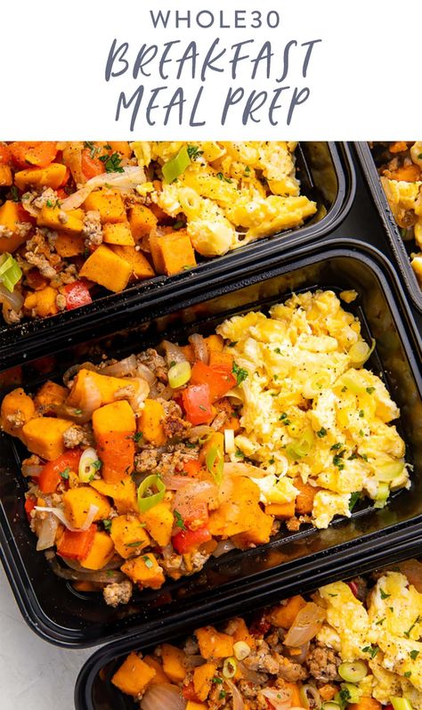 The only Whole30 breakfast meal prep recipe you need! With soft scrambled eggs paired with sweet potato and breakfast sausage hash, this recipe fits the Whole30 meal template and will keep you full and happy until lunchtime! Meal Template, Soft Scrambled Eggs, 40 Aprons, Healthy Breakfast Meal Prep, Whole30 Breakfast, Freeze Sweet Potatoes, Sausage Hash, Breakfast Prep, Whole 30 Breakfast