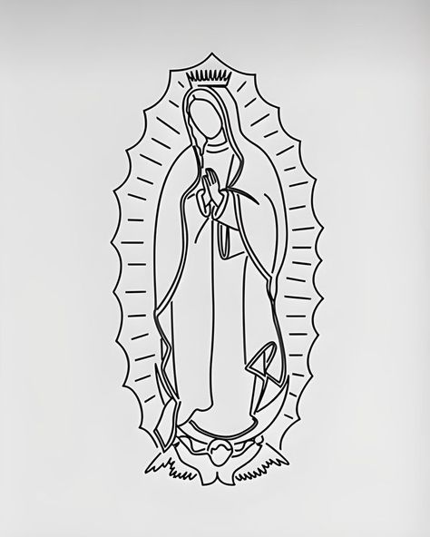 Christian Drawing Ideas, Virgen Mary Tattoo, Drawing Ideas Simple, Indian Feather Tattoos, Virgin Mary Tattoo, Mary Tattoo, Mexican Art Tattoos, Virgin Mary Art, Tattoo Outline Drawing