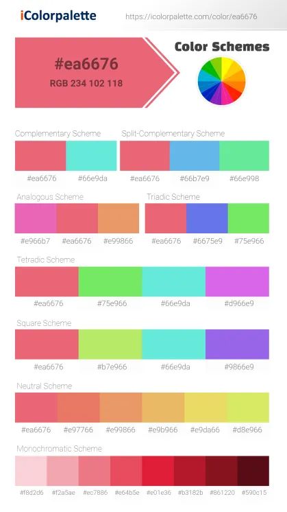 Pantone 17-1736 Tcx Sun Kissed Coral Color | Hex color Code #EA6676 information | Hsl | Rgb | Pantone Pantone Color Book, Cerise Color, Space Information, Neon Colour Palette, Html Color Codes, Turquoise Color Palette, Hex Color, Beige Color Palette, Orange Color Palettes