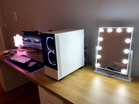 Pc And Makeup Setup, Gaming Setup And Vanity, Makeup And Gaming Desk, Gaming And Makeup Desk Setup, Gaming And Makeup Desk, Vanity And Gaming Setup, My Gaming Setup, Makeup Desk, Desk Mirror