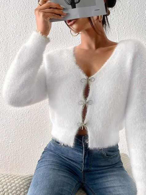 Free Returns ✓ Free Shipping On Orders $49+ ✓. SHEIN Rhinestone Bow Front Fluffy Knit Cardigan- Women Cardigans at SHEIN. Fluffy White Cardigan, White Fuzzy Sweater Outfits, Fluffy Sweater Outfit, White Cardigan Outfit, Fluffy Cardigan, Fluffy Knit, Bow Sweater, Fur Sweater, Knitting Women Cardigan