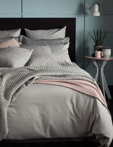 Tiny stripe graphite grey bedding set. We love mixing dusky pinks and grey together. A new look for our Tiny Stripe Graphite Grey bed linen. Layered up with pink and grey throws and pastel accessories. Grey Bed Linen, Grey Beds, Pink Bed Linen, Luxury Duvet Sets, Grey Duvet Cover, Grey Bed, Grey Duvet, Bedding Sets Grey, Gray Duvet Cover