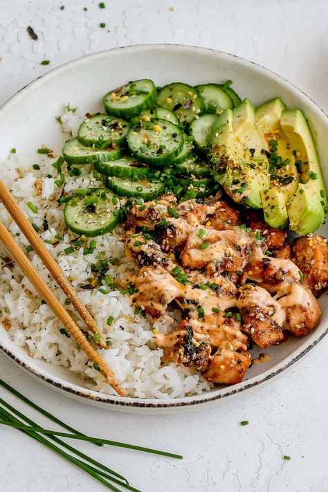 Spicy Salmon Bowls with Coconut Rice Coconut Rice Salmon Bowl, Easy Healthy Comfort Meals, Spicy Salmon Bowls With Coconut Rice, Healthy Whole Foods Recipe, Meal Ideas With Avocado, Comforting Healthy Dinner, Coconut Rice With Salmon, Salmon Cucumber Rice Bowl, Salmon Bowl With Coconut Rice