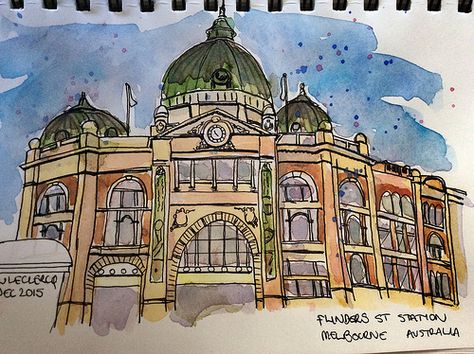 Flinders Street Station, Melbourne Australia From photo | Flickr - Photo Sharing! Flinders Street Station, South American Art, House Sketch, Melbourne House, South American, Melbourne Australia, Art Reference Poses, Travel Art, American Art